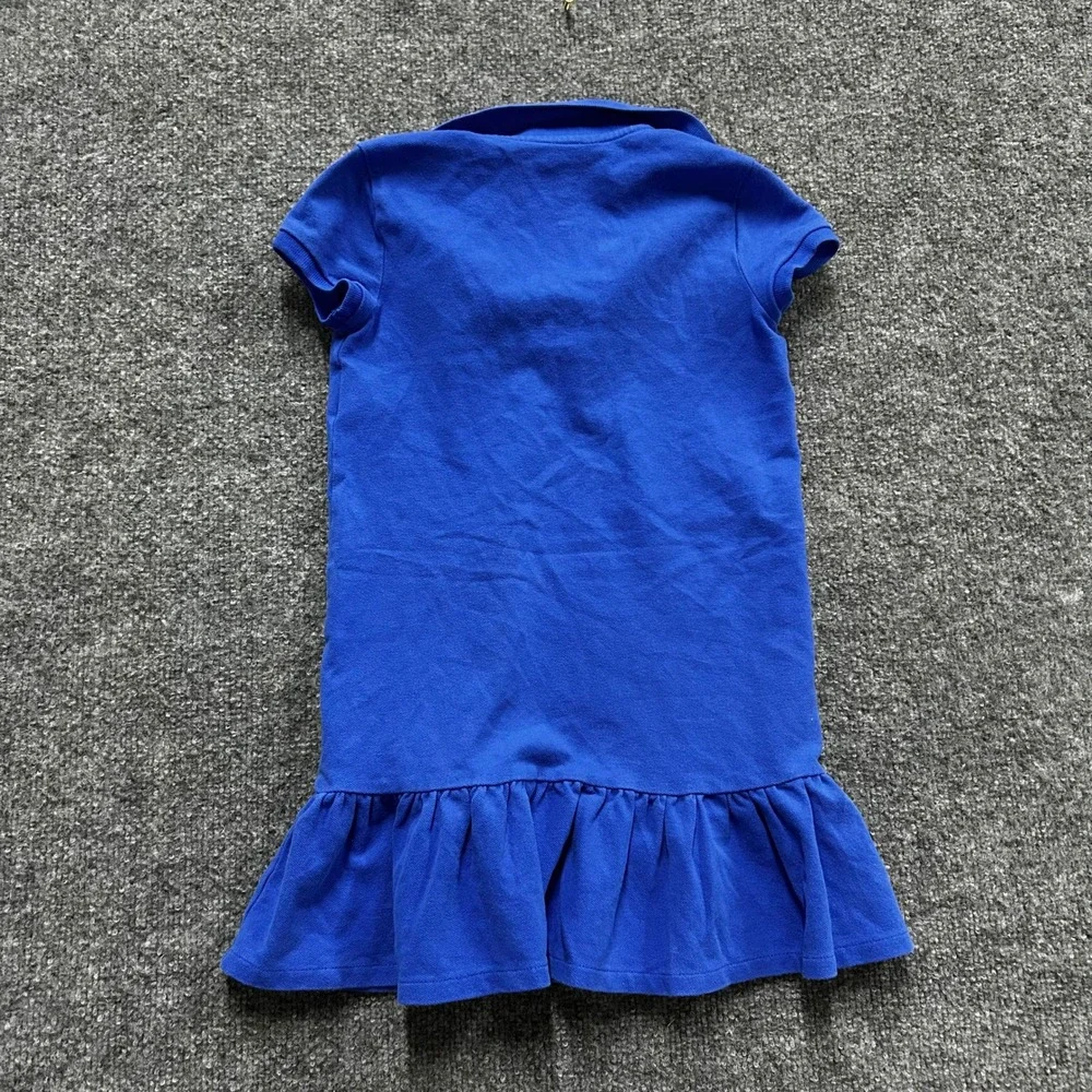 Polo Ralph Lauren Dress Girls Size 6 Blue Pink Pony Ruffle Hem Short Sleeve
